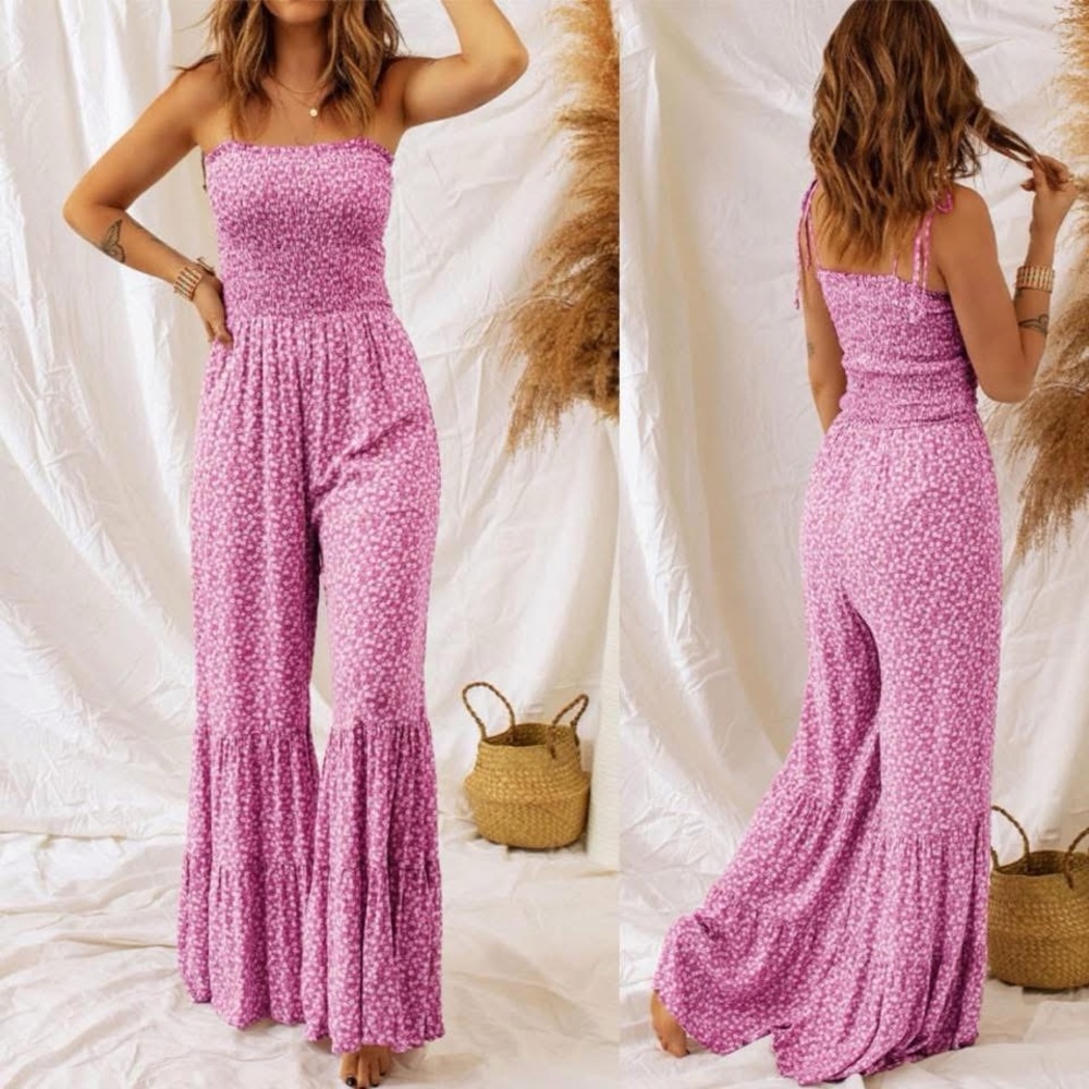 Pink Floral Strapless Jumpsuit